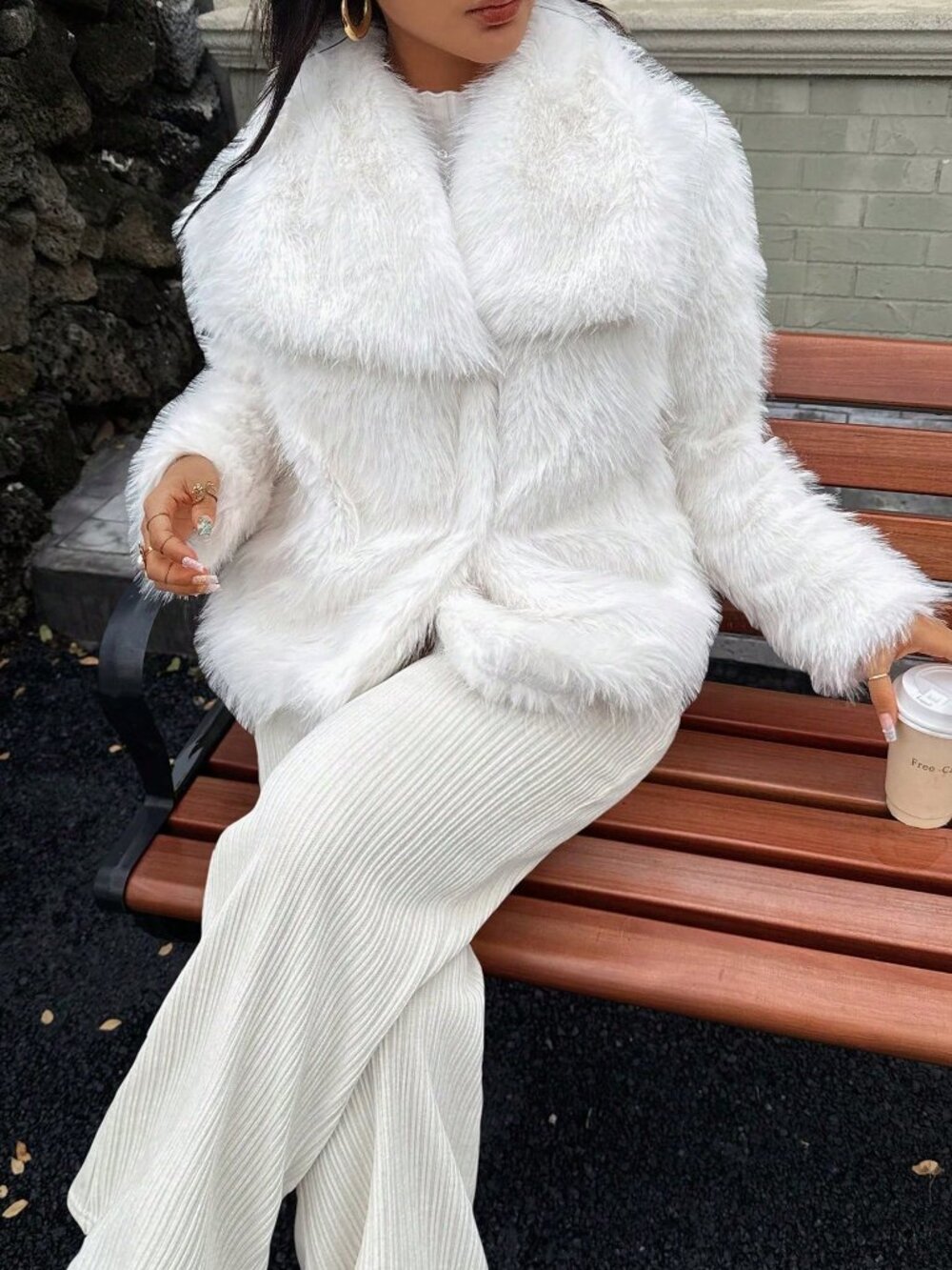Pure White Casual Women's Loose Fuzzy Zip Pocket Mid-Length Fur Coat - Picture 7 of 8